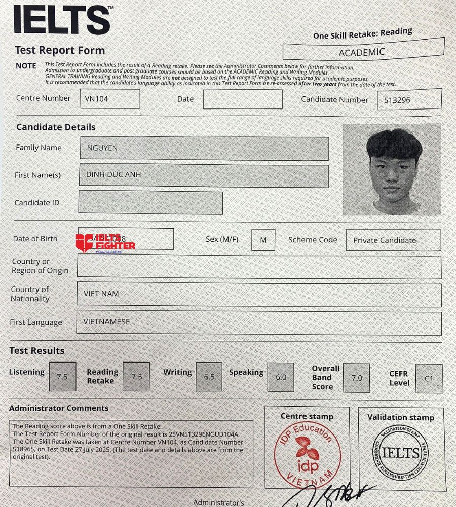 chứng chỉ Nguyễn Đình Đức Anh 7.0 IELTS