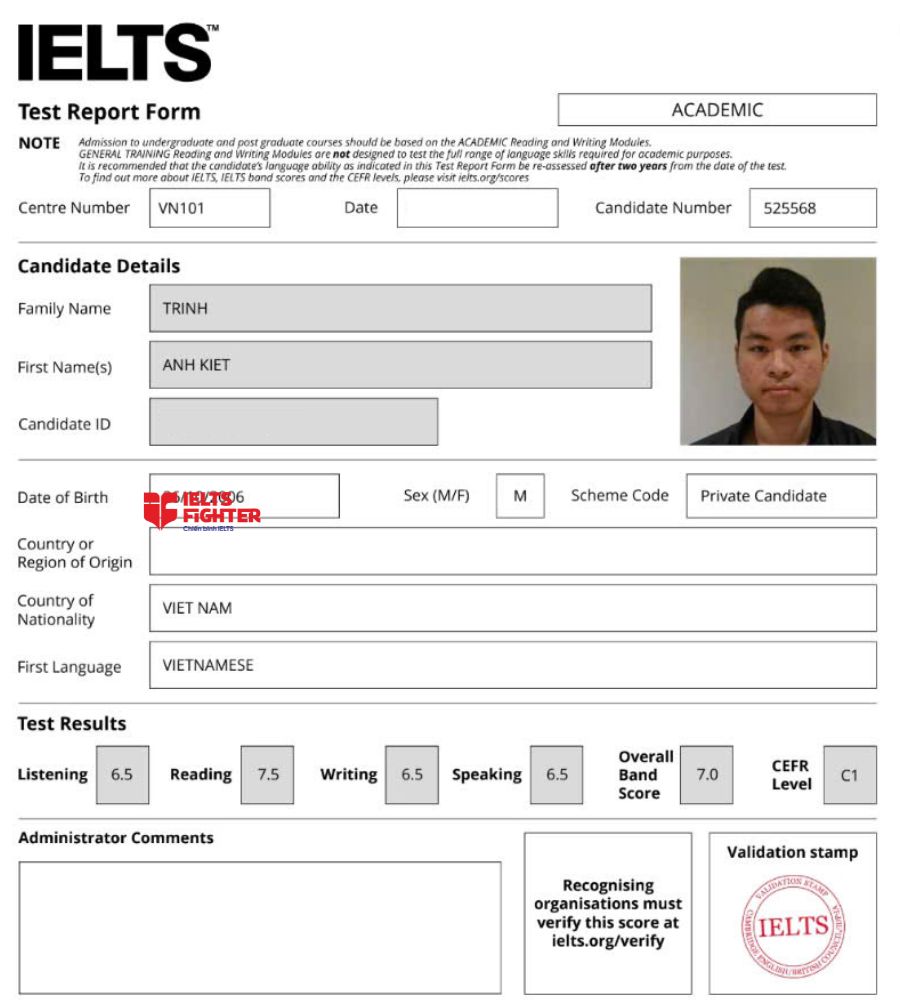 Chứng chỉ Trịnh Anh Kiệt 7.0 IELTS