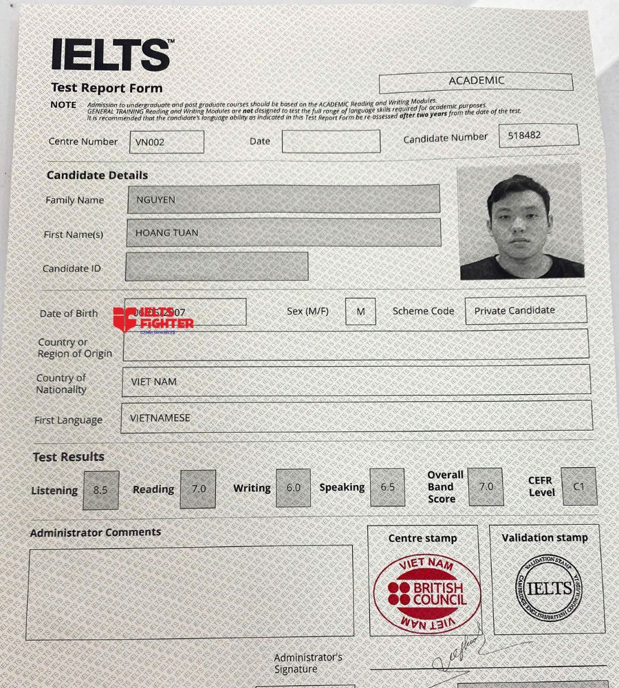 chứng chỉ Nguyễn Ho&agrave;ng Tuấn 7.0 IELTS