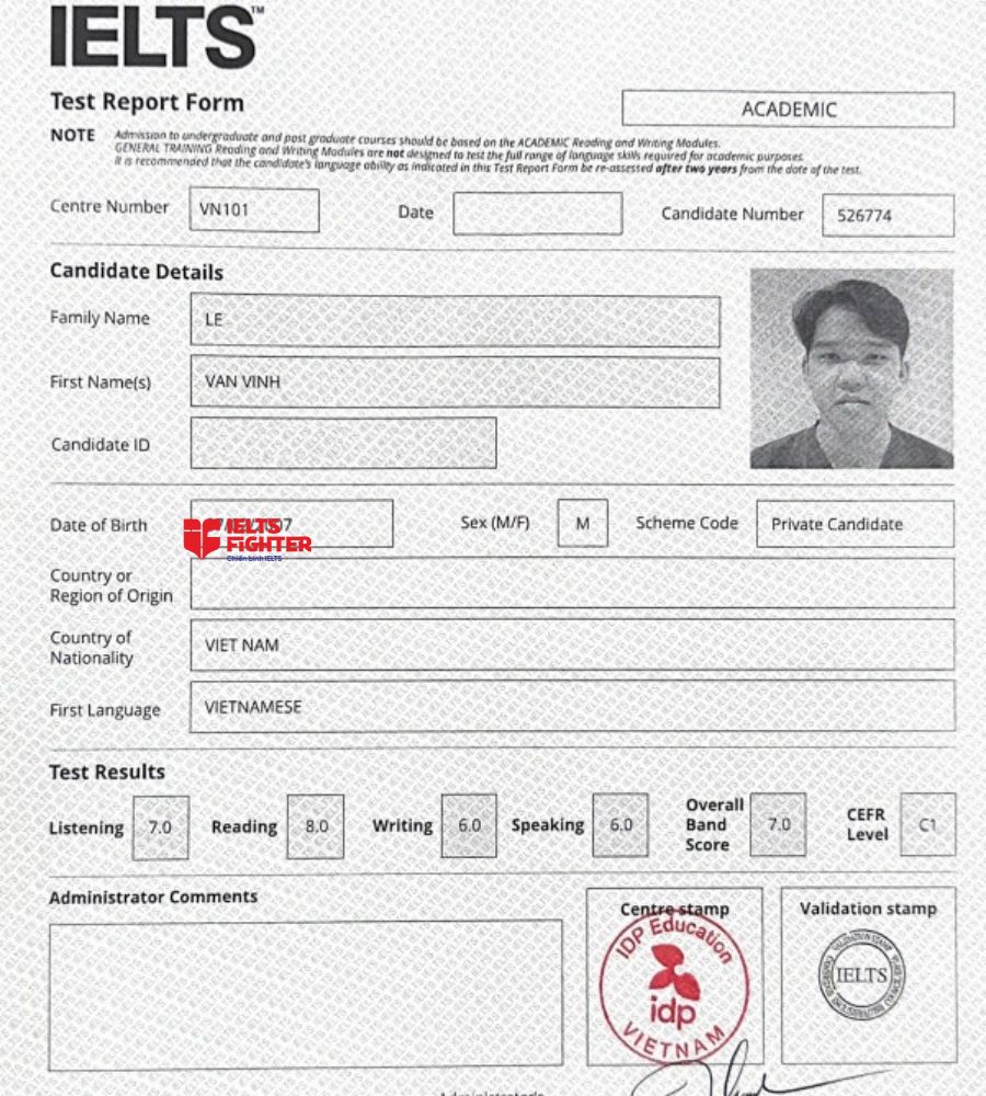 chứng chỉ L&ecirc; Văn Vinh 7.0 IELTS