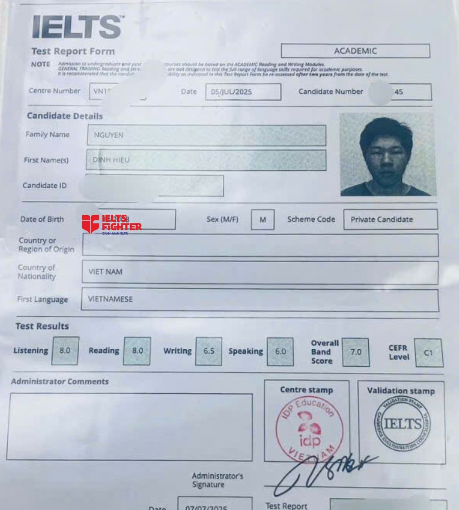 Chứng chỉ Nguyễn Đình Hiếu 7.0 IELTS