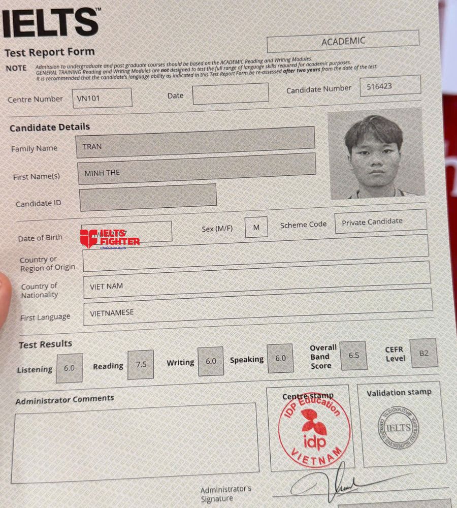 chứng chỉ Trần Minh Thế 6.5 IELTS