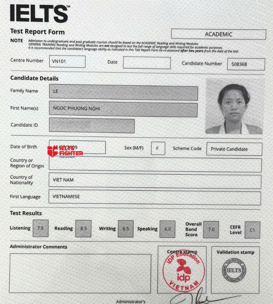 chứng chỉ L&ecirc; Ngọc Phương Nghi  7.0 IELTS