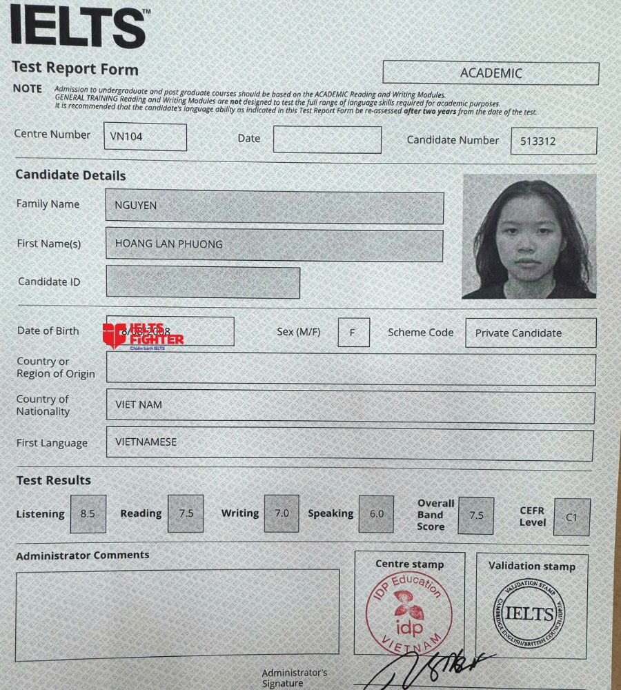 chứng chỉ Nguyễn Ho&agrave;ng Lan Phương  7.0 IELTS