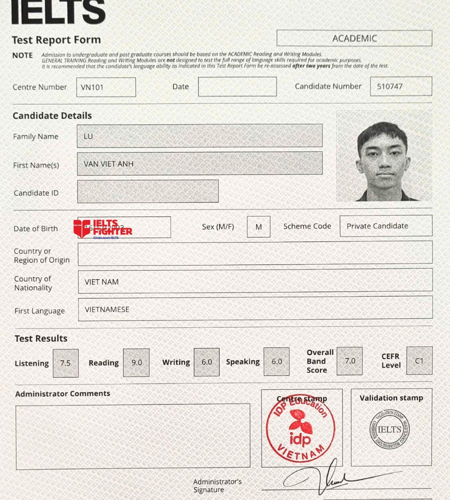 chứng chỉ Lữ Văn Việt Anh 7.0 IELTS