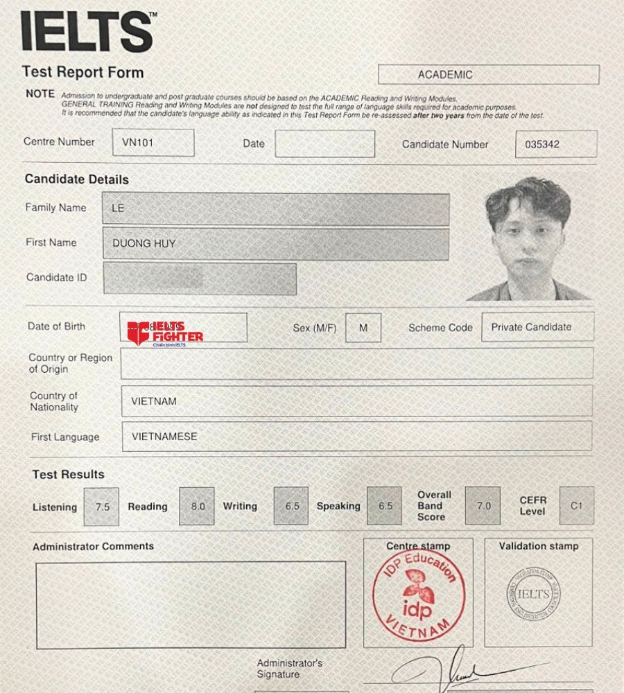 Chứng chỉ L&ecirc; Dương Huy 7.0 IELTS