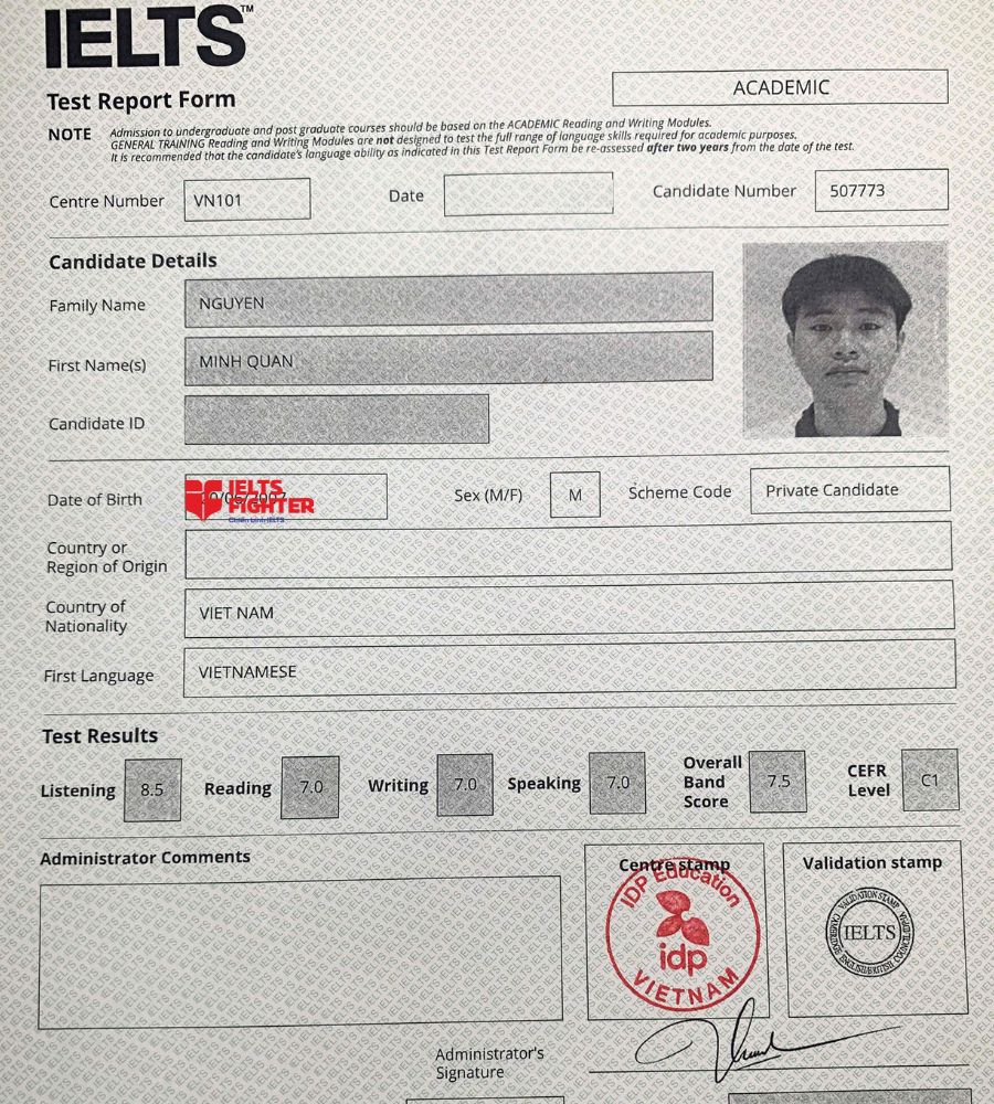 chứng chỉ Nguyễn Minh Qu&acirc;n 7.0 IELTS