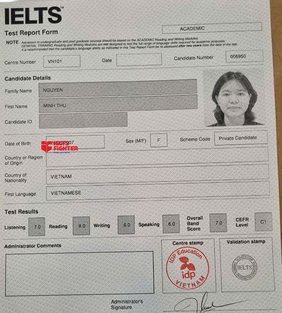 Chứng chỉ Nguyễn Minh Thư 7.0 IELTS