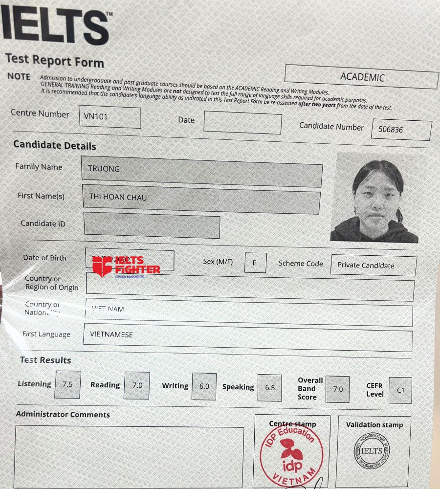 Chứng chỉ Trương Thị Ho&agrave;n Ch&acirc;u 7.0 IELTS