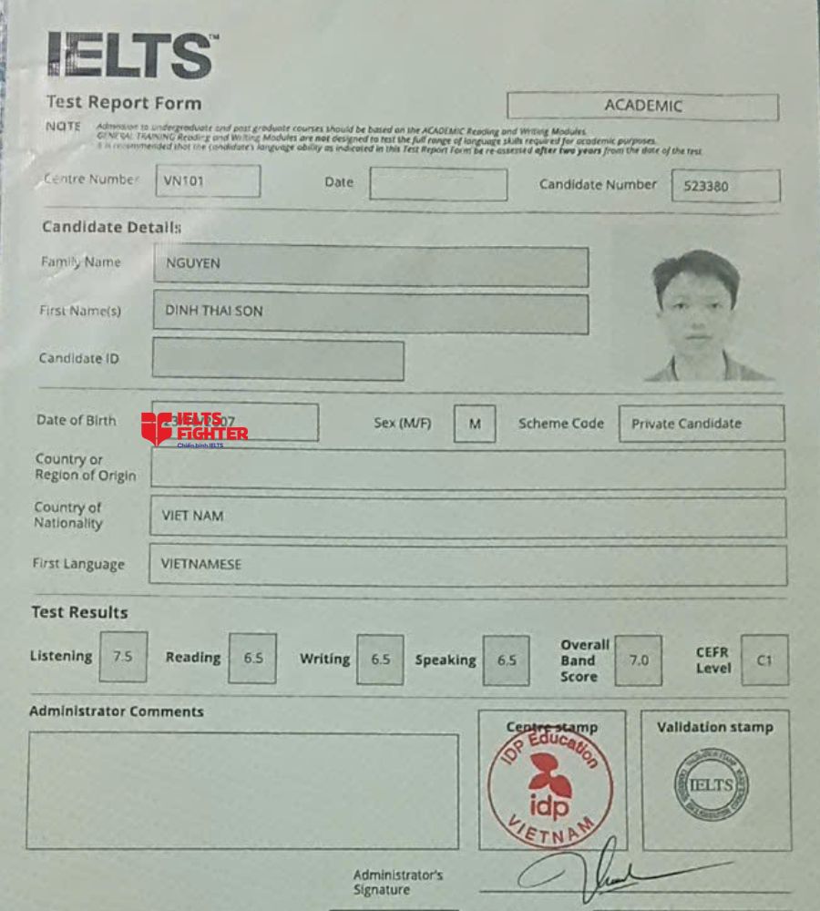 Chứng chỉ Nguyễn Đ&igrave;nh Th&aacute;i Sơn 7.0 IELTS