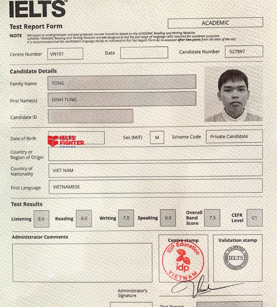 chứng chỉ Tống Đ&igrave;nh T&ugrave;ng 7.5 IELTS