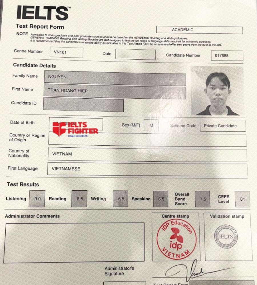 bảng điểm Nguyễn Trần Ho&agrave;ng Hiệp 7.5 IELTS