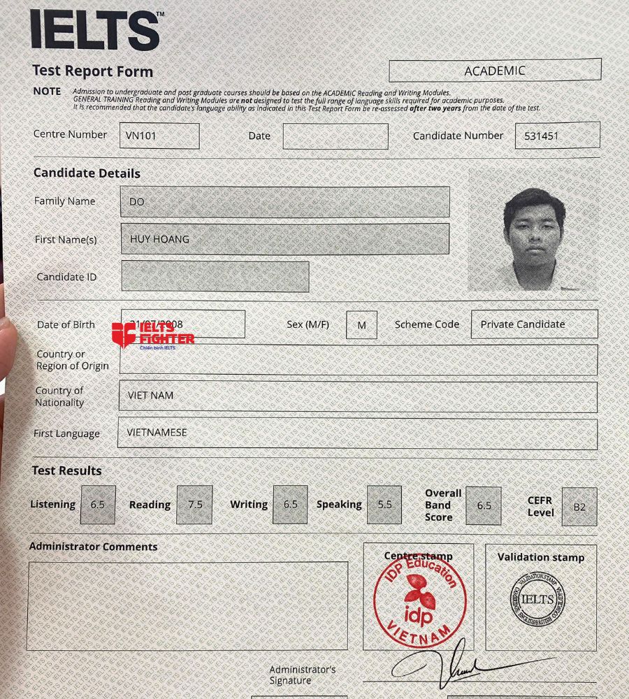 chứng chỉ Đỗ Huy Ho&agrave;ng 6.5 IELTS