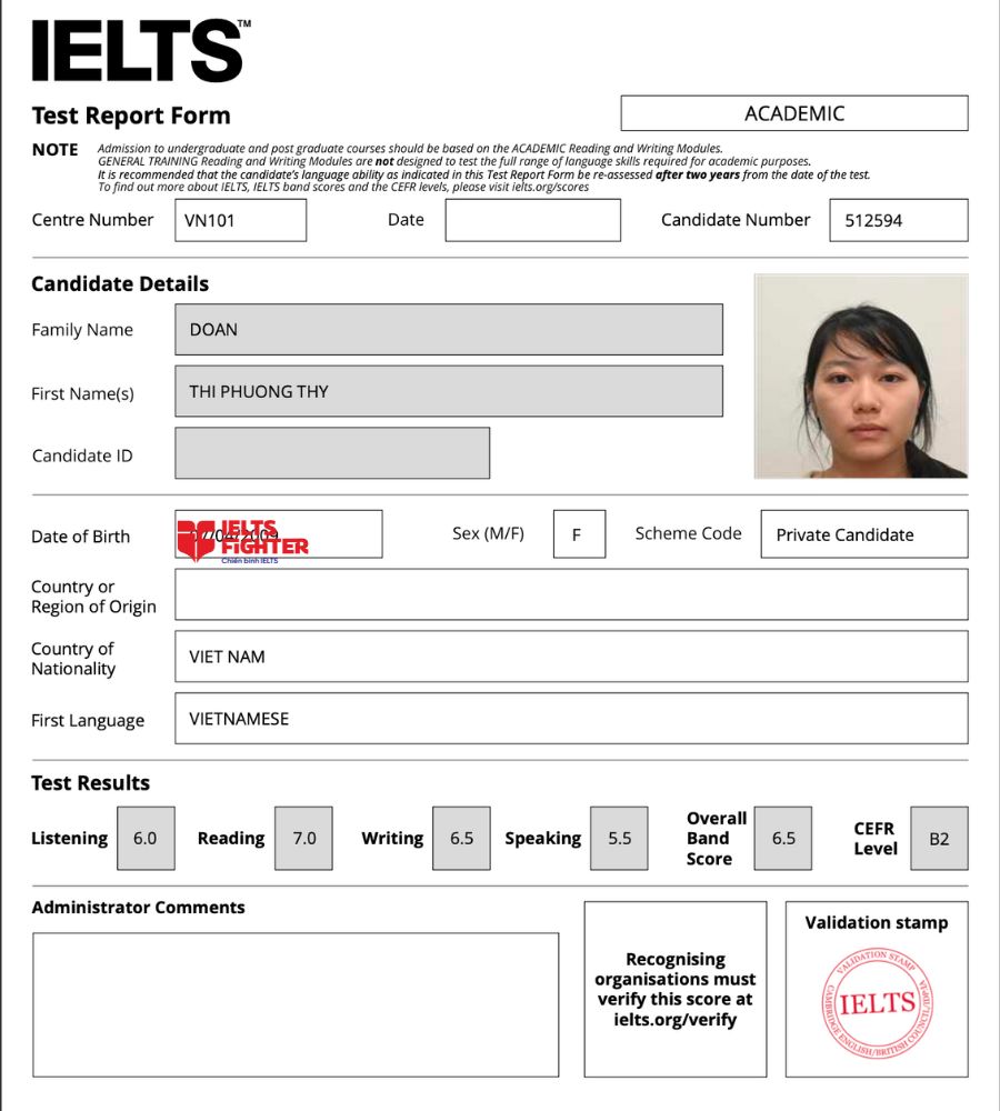 Chứng chỉ Đo&agrave;n Thị Phương Thy 6.5 IELTS