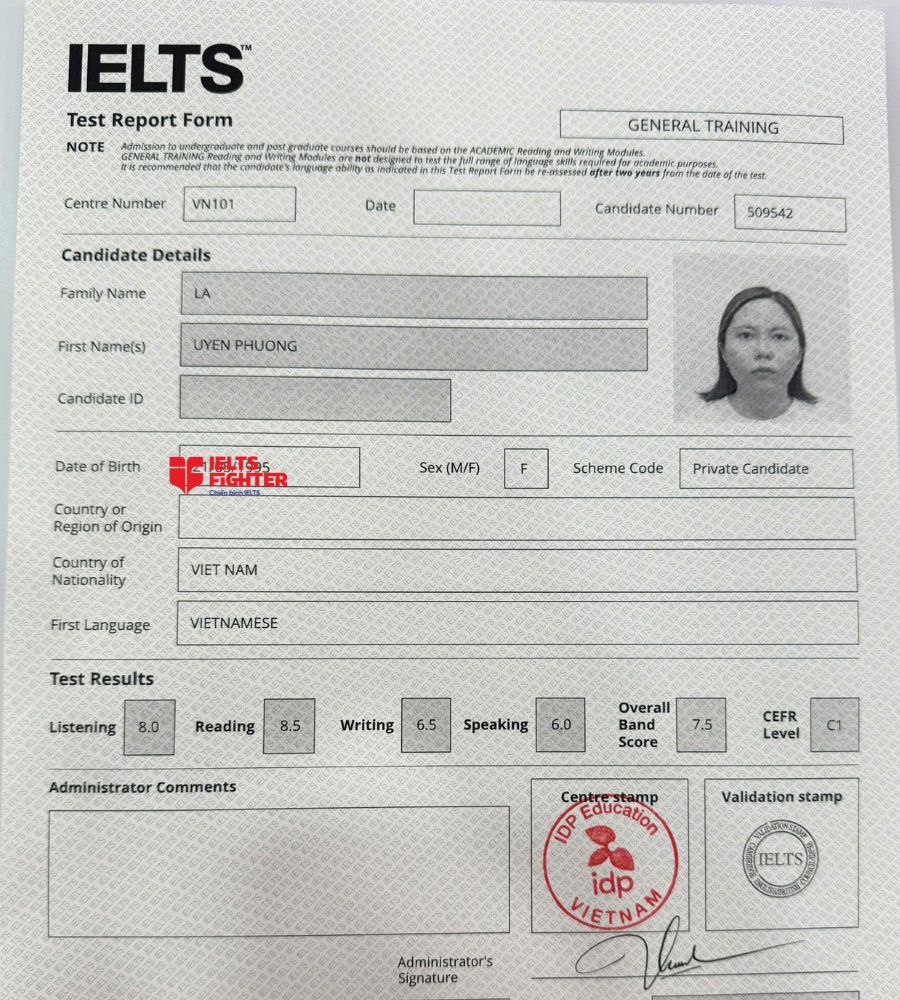 chứng chỉ La Uyên Phương 7.5 IELTS