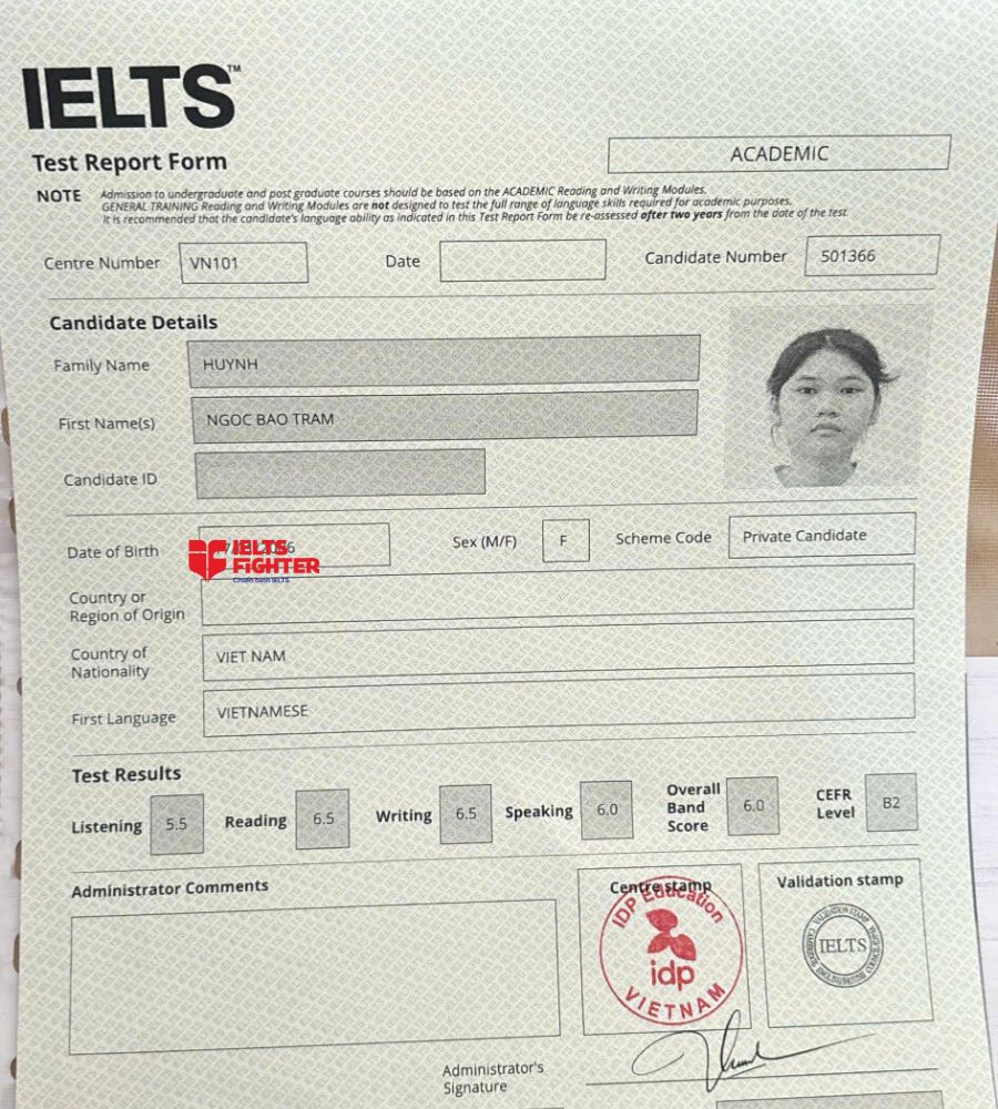 chứng chỉ Huỳnh Ngọc Bảo Tr&acirc;m 6.5 IELTS