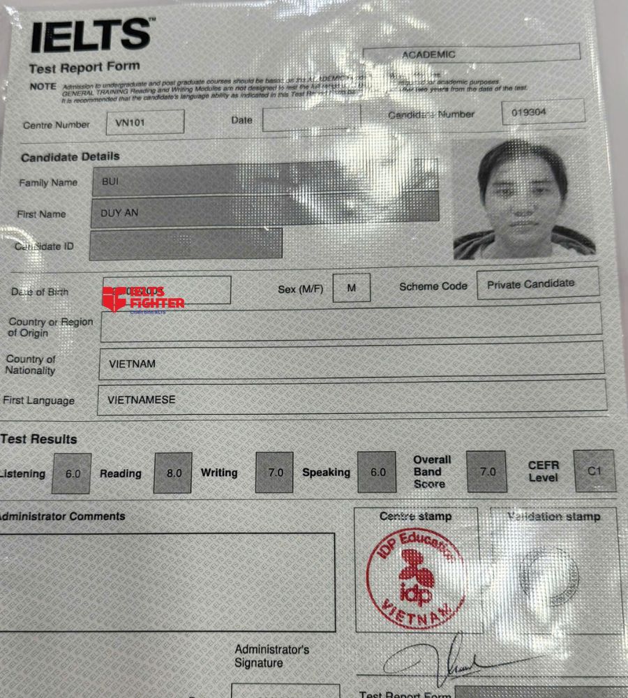 Chứng chỉ Bùi Duy An 7.0 IELTS