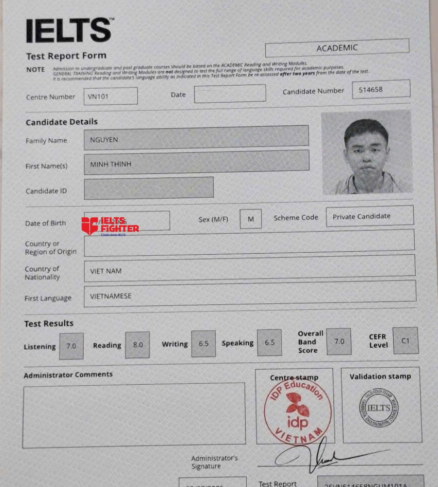 Chứng chỉ Nguyễn Minh Thịnh 7.0 IELTS