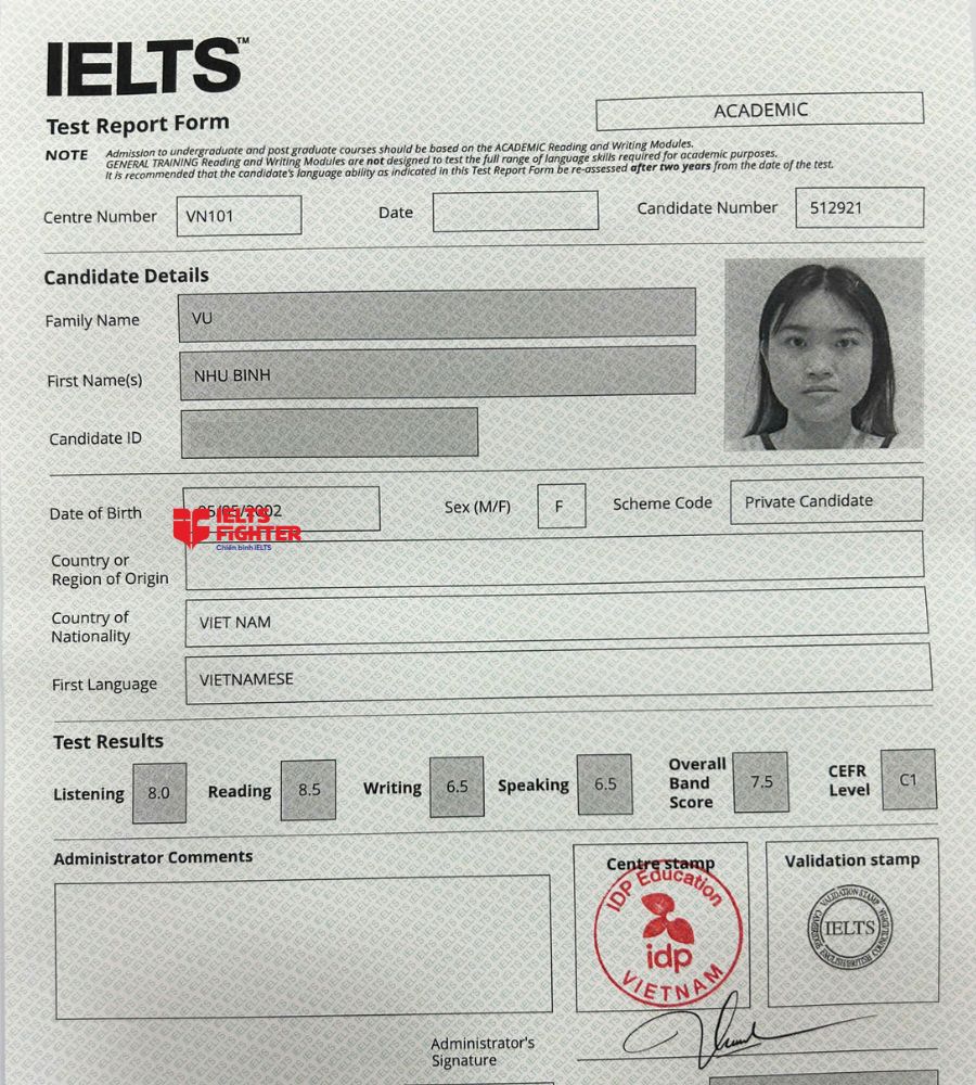 chứng chỉ Vũ Như B&igrave;nh 7.5 IELTS