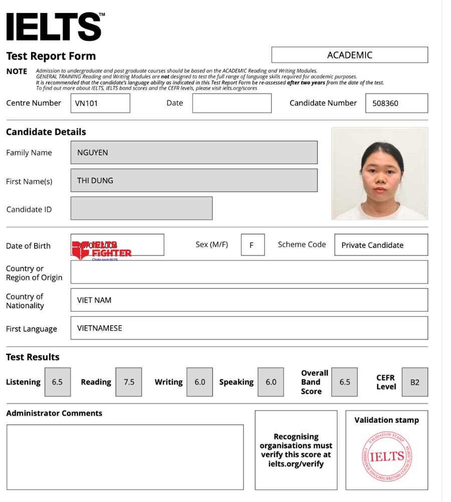 chứng chỉ Nguyễn Thị Dung  6.5 IELTS