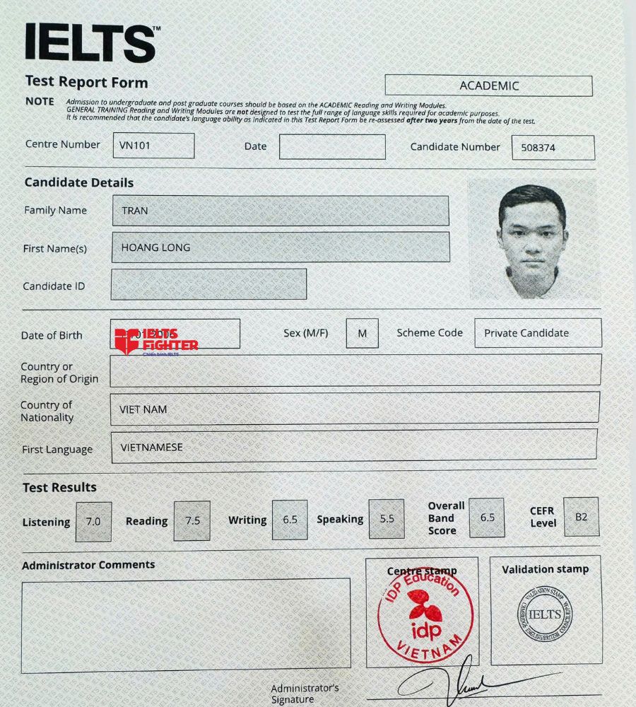 chứng chỉ Trần Ho&agrave;ng Long   6.5 IELTS