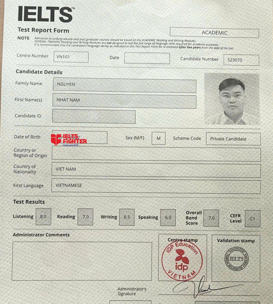 chứng chỉ Nguyễn Nhật Nam 7.0 IELTS
