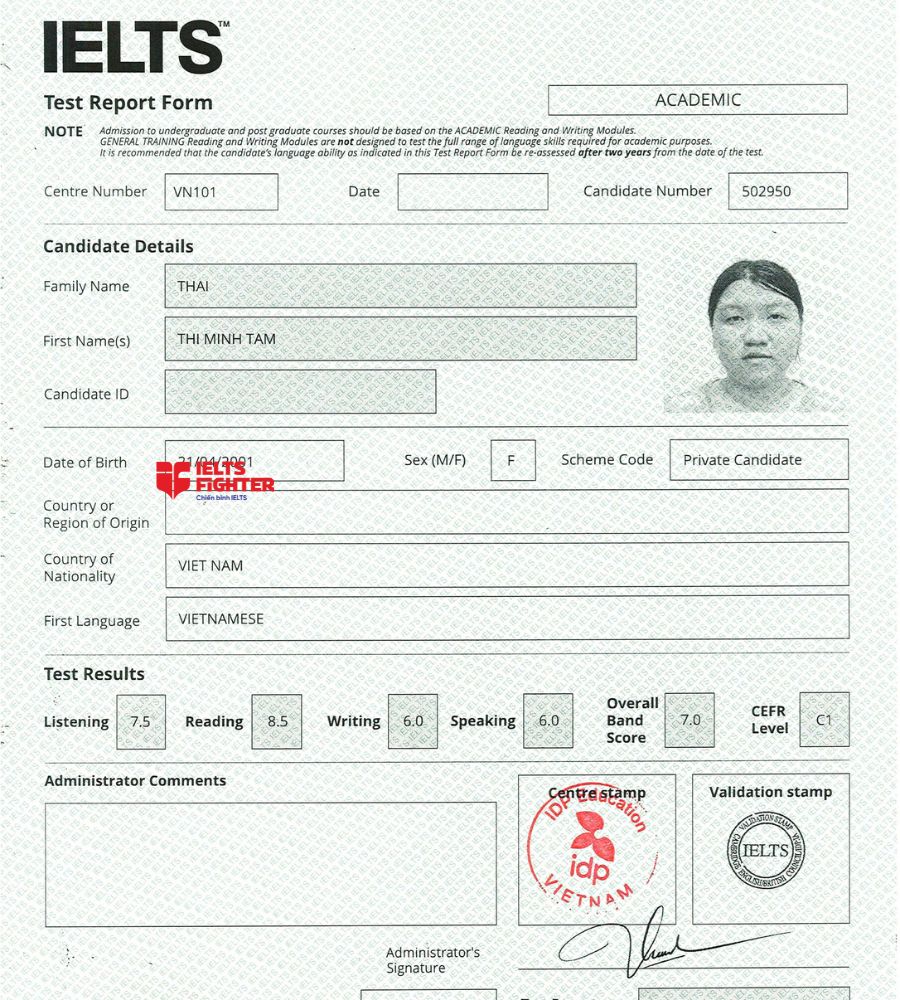 chứng chỉ Thái Thị Minh Tâm 7.0 IELTS