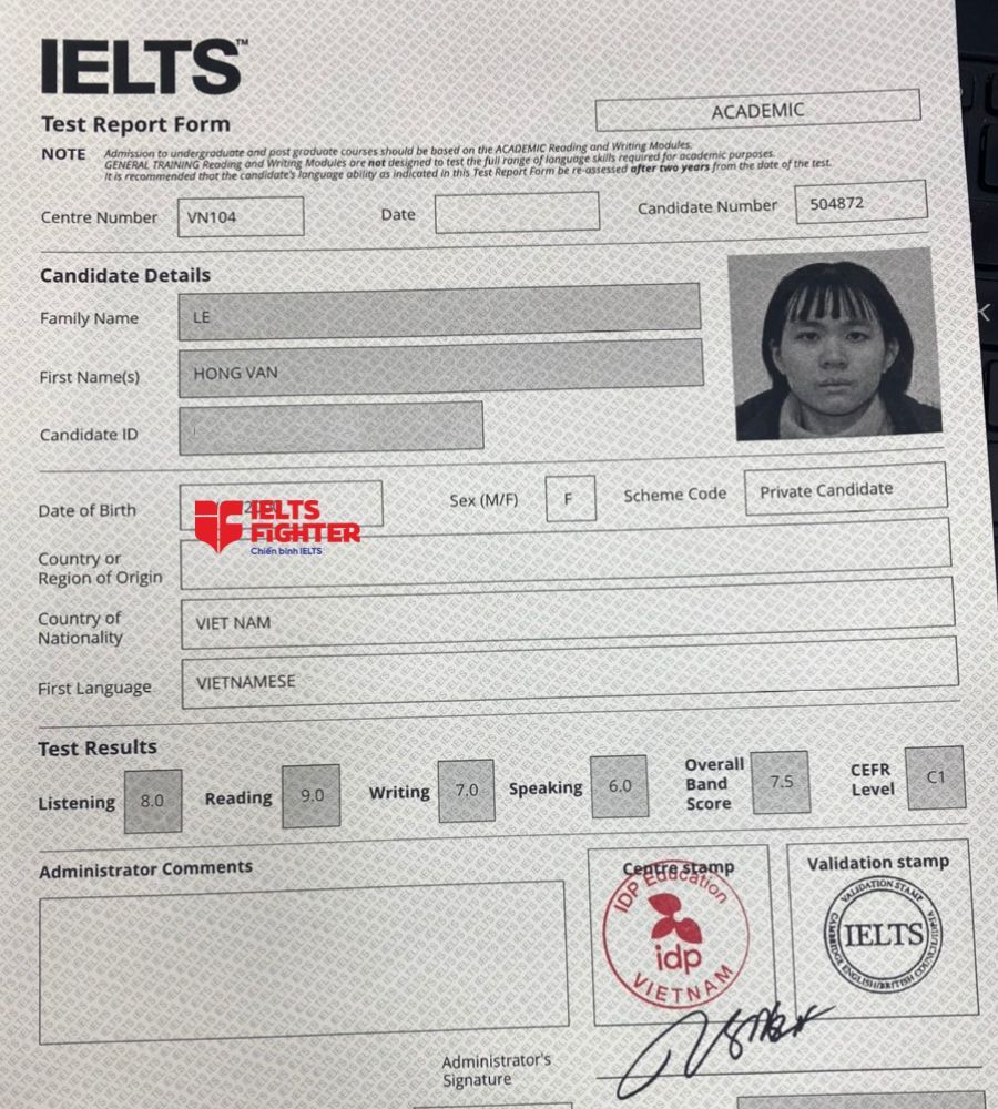 bảng điểm L&ecirc; Hồng V&acirc;n 7.5 IELTS