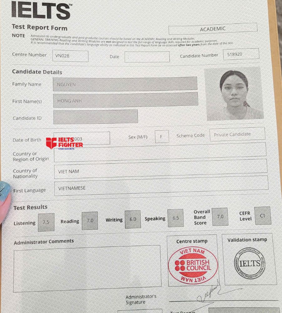 Chứng chỉ Nguyễn Hồng Anh 7.0 IELTS