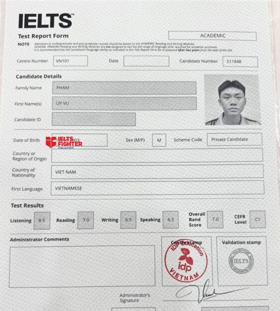Chứng chỉ Phạm Uy Vũ 7.0 IELTS