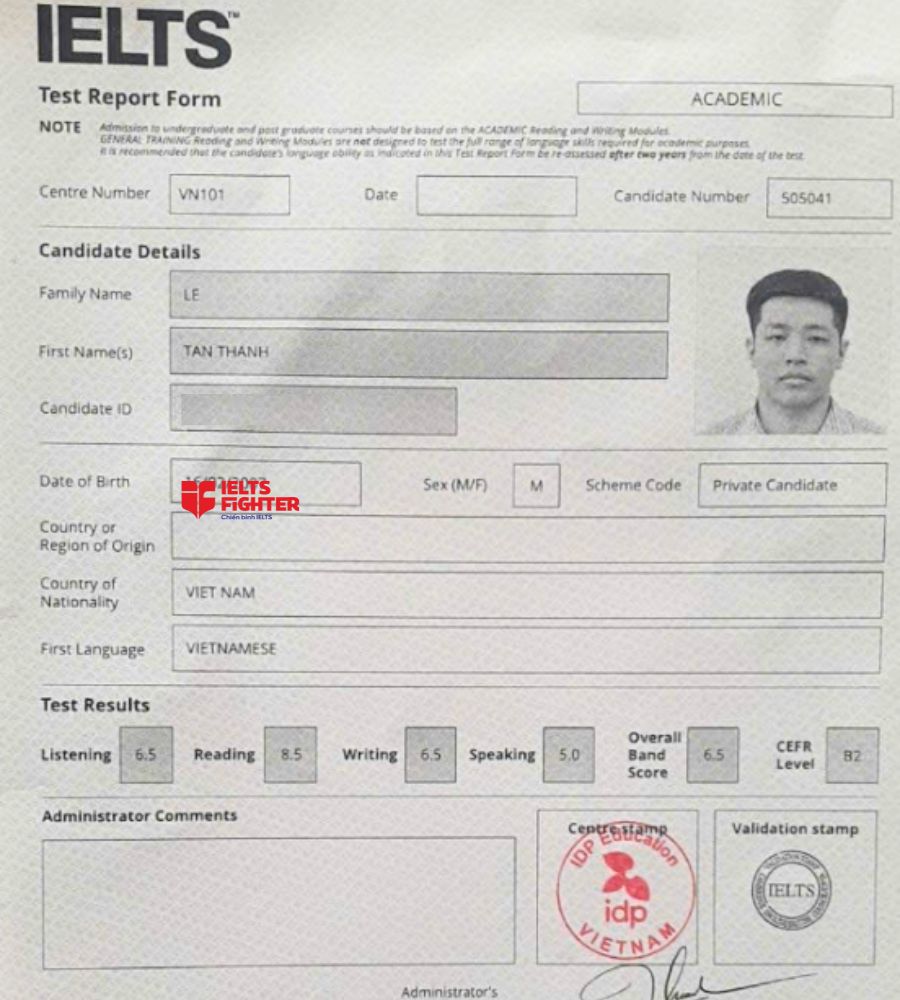 Chứng chỉ L&ecirc; Tấn Th&agrave;nh 6.5 IELTS