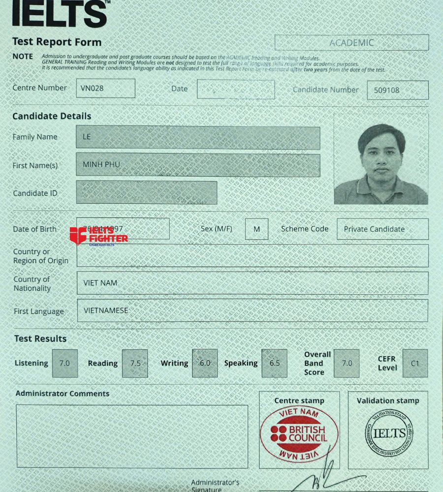 Chứng chỉ Lê Minh Phú 7.0 IELTS