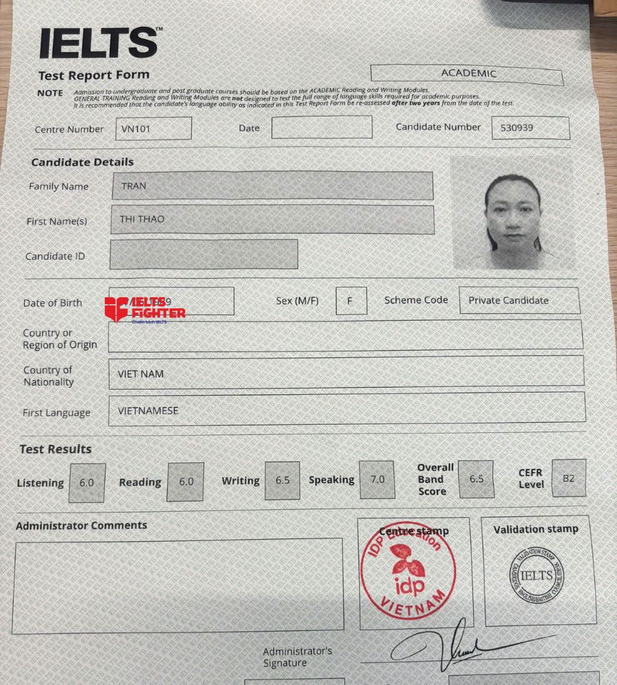 chứng chỉ Trần Thị Thảo 6.5 IELTS
