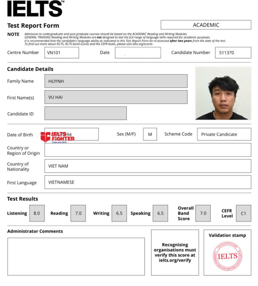 chứng chỉ Huỳnh Vũ Hải 7.0 IELTS