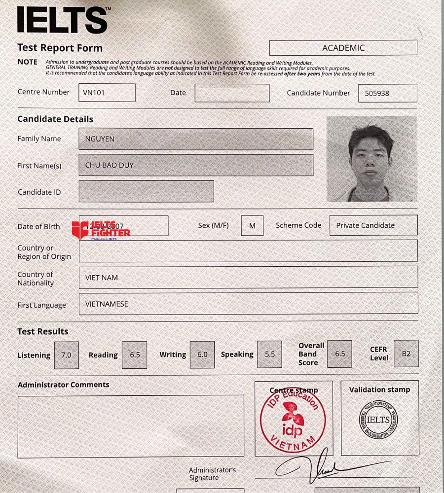 Chứng chỉ Nguyễn Chu Bảo Duy 6.5 IELTS