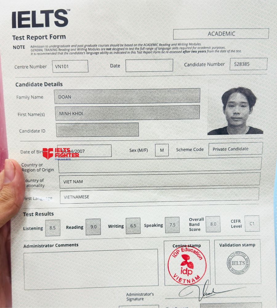 Chứng chỉ Đo&agrave;n Minh Kh&ocirc;i 8.0 IELTS