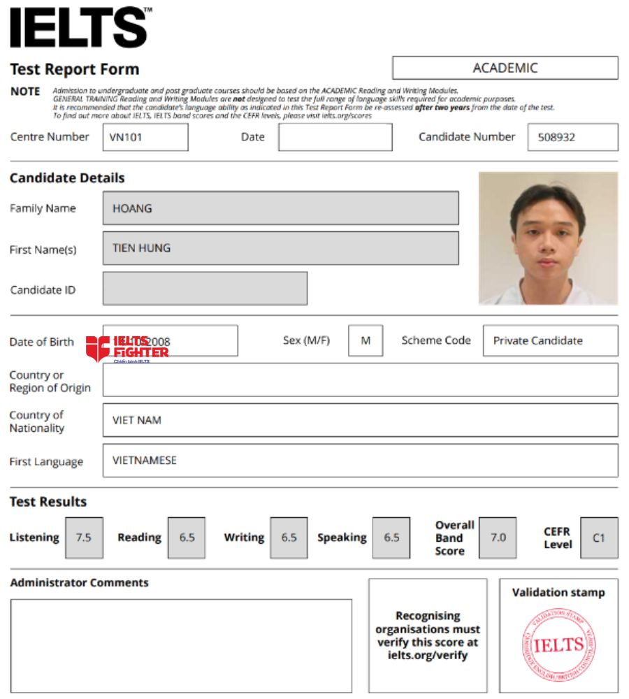 Chứng chỉ Ho&agrave;ng Tiến Hưng 7.0 IELTS