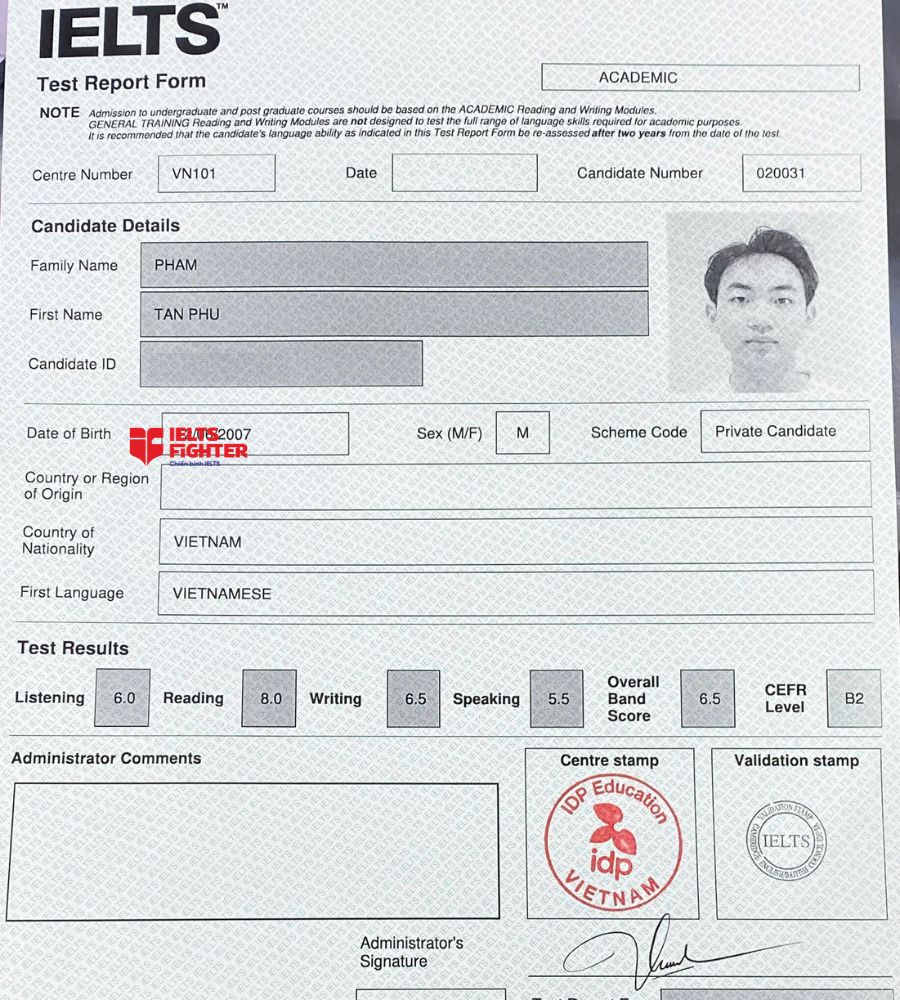 Chứng chỉ Phạm T&acirc;n Ph&uacute; 6.5 IELTS