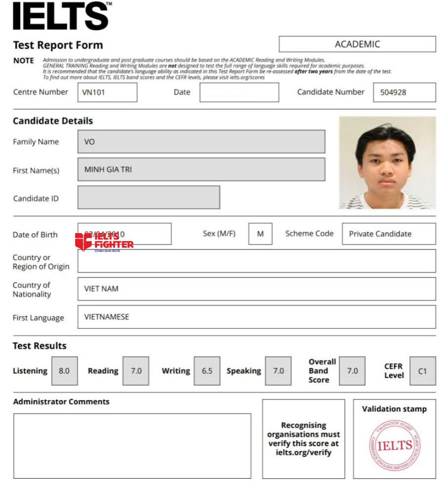 chứng chỉ Võ Minh Gia Trí 7.0 IELTS