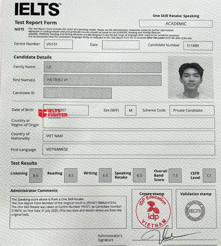 Chứng chỉ L&ecirc; H&agrave; Triều Vỹ 7.5 IELTS
