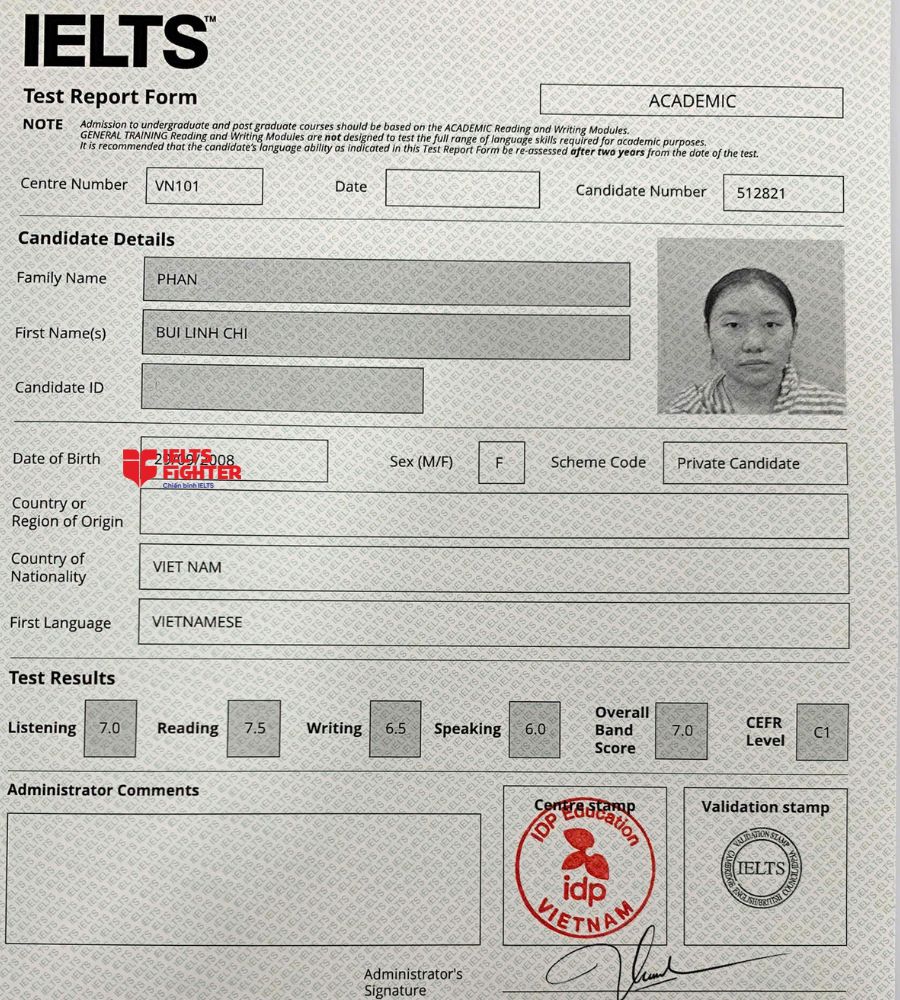 Chứng chỉ Phan B&ugrave;i Linh Chi  7.0 IELTS