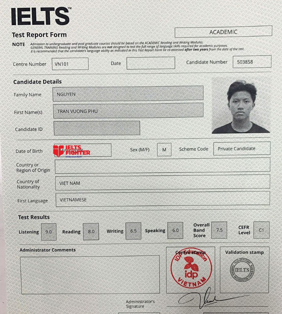 chứng chỉ Nguyễn Trần Vương Ph&uacute;  7.5 IELTS