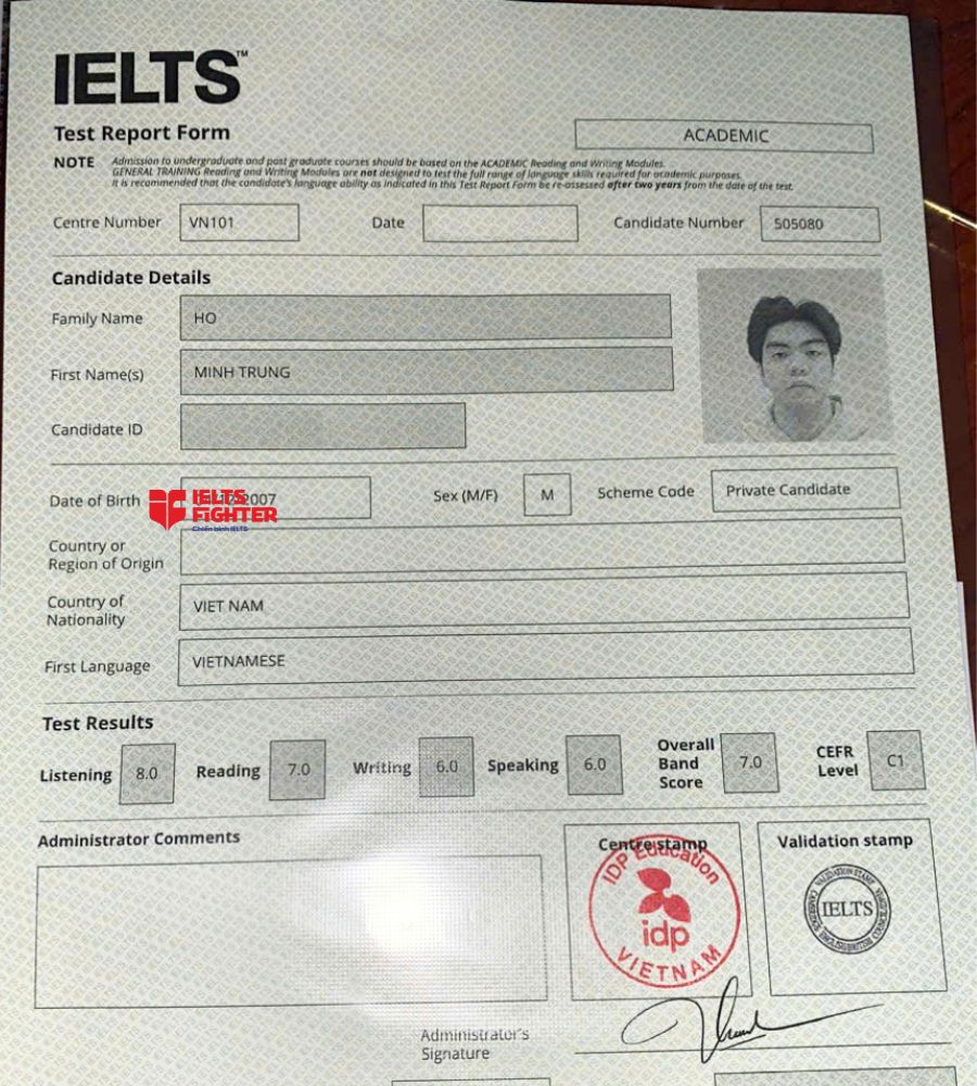 Chứng chỉ Hồ Minh Trung  7.0 IELTS