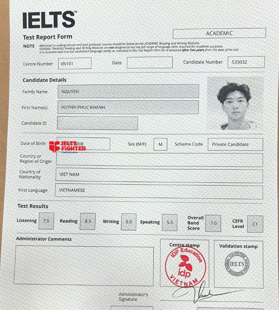 Chứng chỉ Nguyễn Huỳnh Ph&uacute;c Kh&aacute;nh 7.0 IELTS