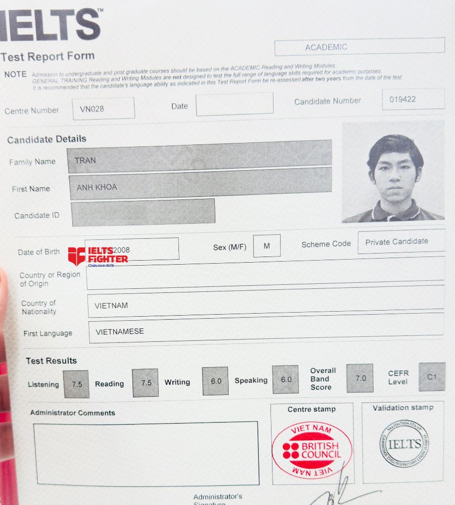 chứng chỉ Trần Anh Khoa 7.0 IELTS