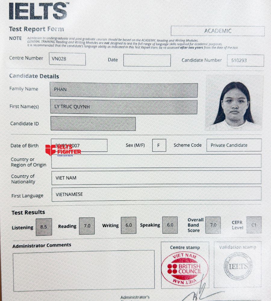 chứng chỉ Phan L&yacute; Tr&uacute;c Quỳnh 7.0 IELTS