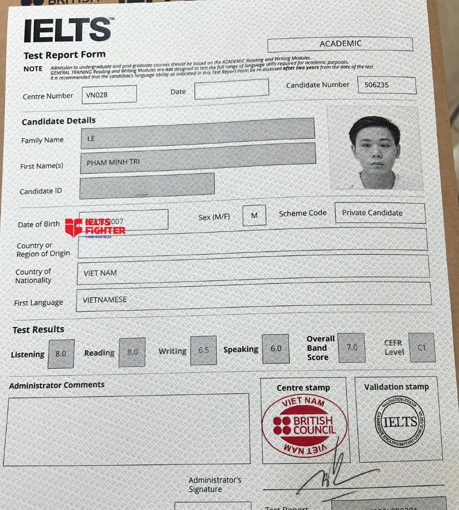 Chứng chỉ L&ecirc; Phạm Minh Tr&iacute; 7.0 IELTS