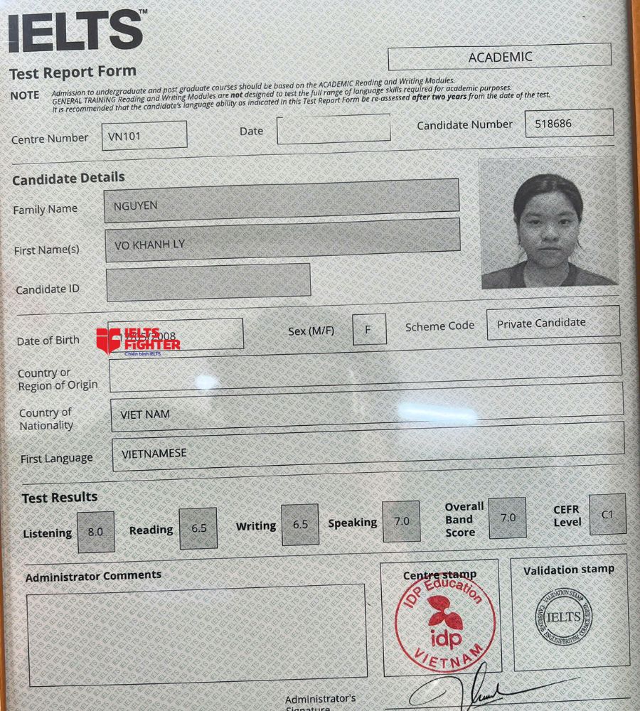Chứng chỉ Nguyễn V&otilde; Kh&aacute;nh Ly 7.0 IELTS