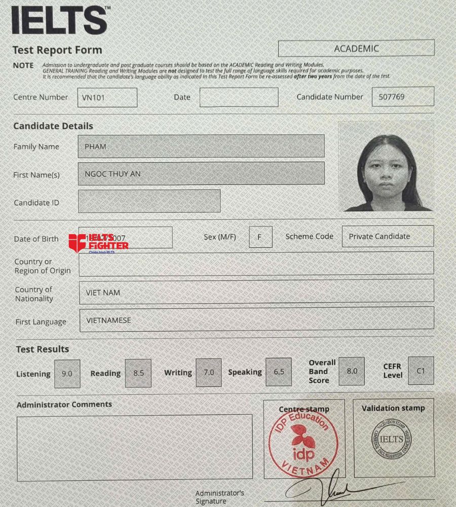Chứng chỉ Phạm Ngọc Th&ugrave;y An 8.0 IELTS