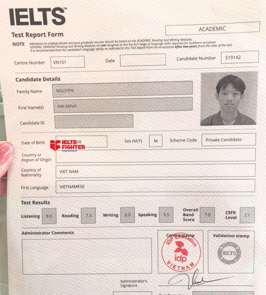 chứng chỉ Nguyễn Hải Minh 7.0 IELTS